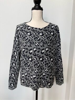 LOFT Gray and Black Leopard Print Crewneck Sweater